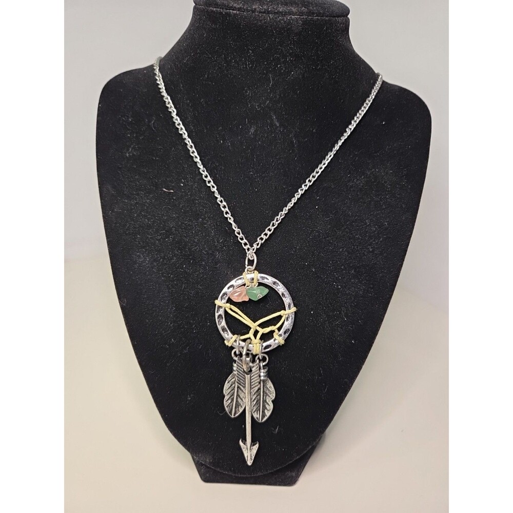 Necklace 28" Silver Chain Dream Catcher Adds 4" Pink & Green Stones Hemp String